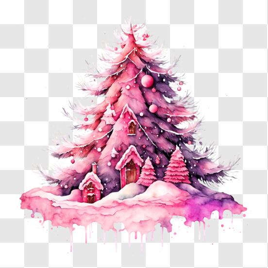 Baixe Árvore de Natal Rosa Festiva Decorada com Enfeites e Flocos de Neve  PNG - Creative Fabrica