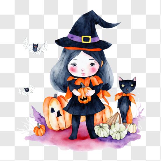 Baixe Bruxa assustadora de Halloween com gato preto PNG - Creative Fabrica