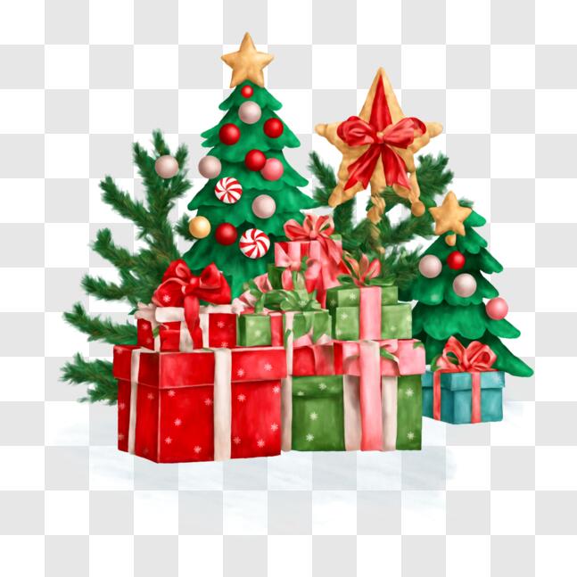 Download Festive Christmas Presents on Snowy Trees PNG Online ...