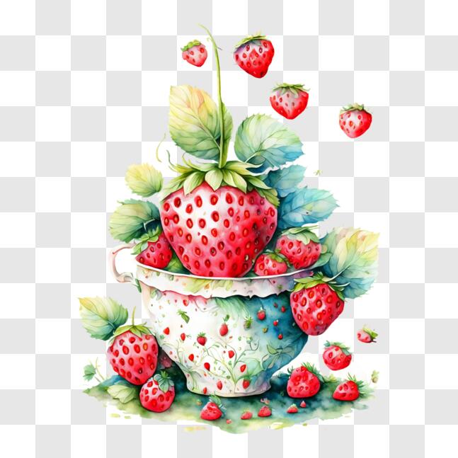Download Watercolor Strawberries in Teacup PNG Online - Creative Fabrica