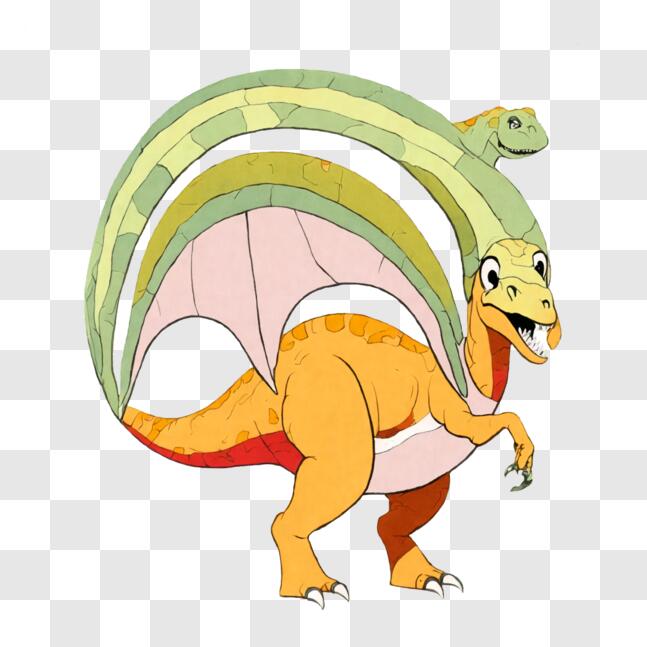 Um dinossauro de desenho animado com um dinossauro verde em sua cauda
