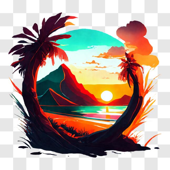 Download Dreamy Tropical Sunset with Palm Trees and Mountain PNG Online ...