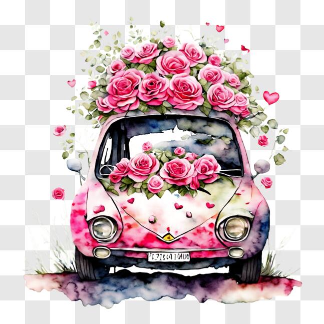 Download Pink Car Decorated with Flowers PNG Online - Creative Fabrica