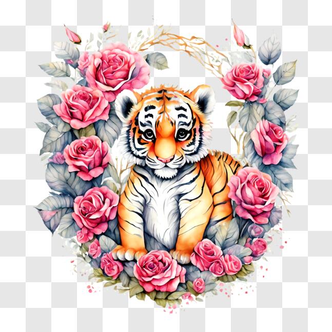 Download Adorable Tiger Cub Surrounded by Pink Roses PNG Online ...
