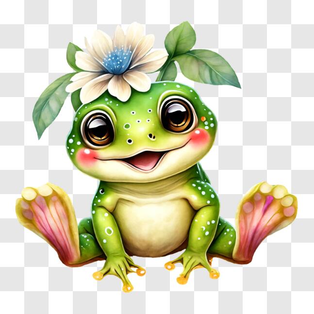 Download Adorable Green Frog with Flowers on Head PNG Online