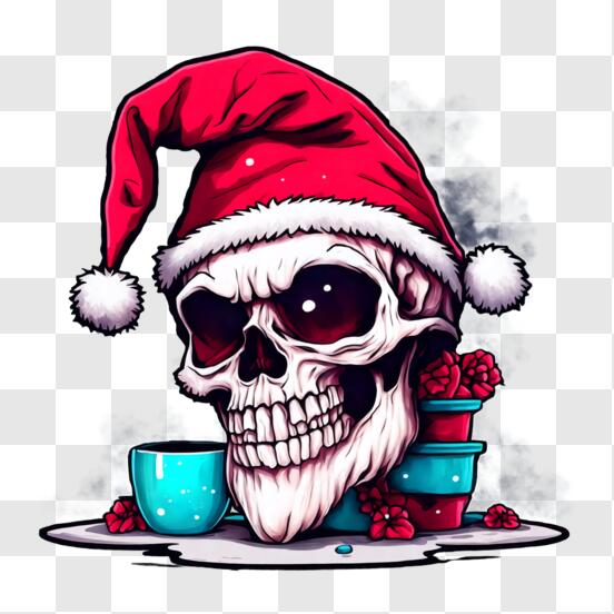 Baixe Desenho animado de caveira com chapéu de Papai Noel e xícara de café  Feliz Natal PNG - Creative Fabrica