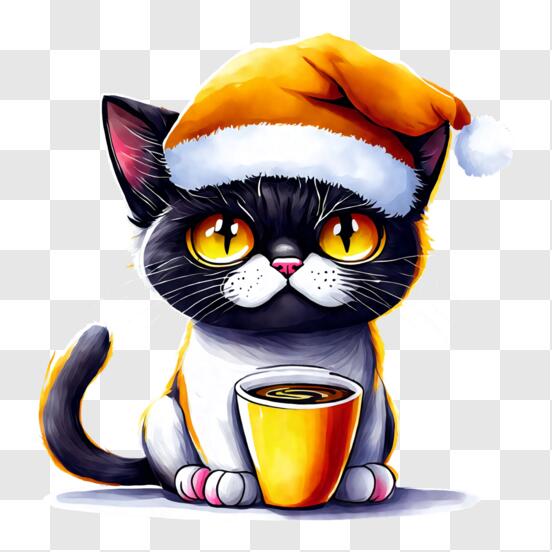 Scarica Adorabile gatto bianco e nero con cappello di Babbo Natale e caffè PNG  Online - Creative Fabrica