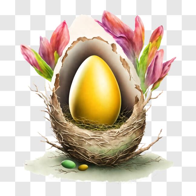 Download Golden Easter Egg in Bird's Nest - Spring Celebration PNG