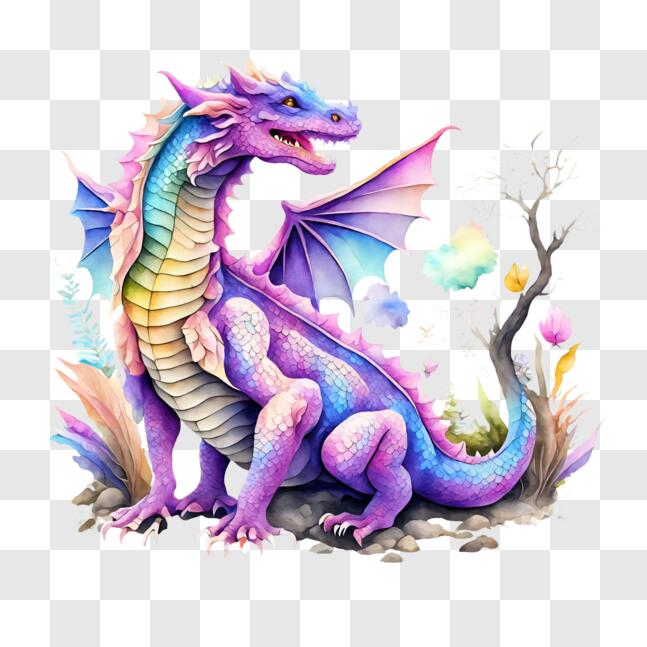 Download Colorful Dragon sitting in the grass with flowers and trees ...