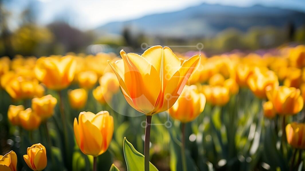 Beautiful Field of Yellow Tulips with Scenic Mountain View stock photo ...
