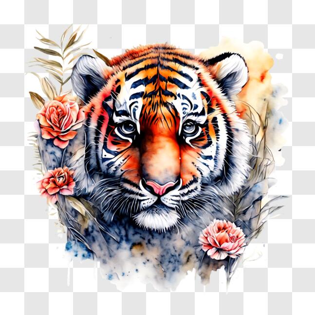 Download Illustration of a Tiger's Face with Flowers PNG Online ...