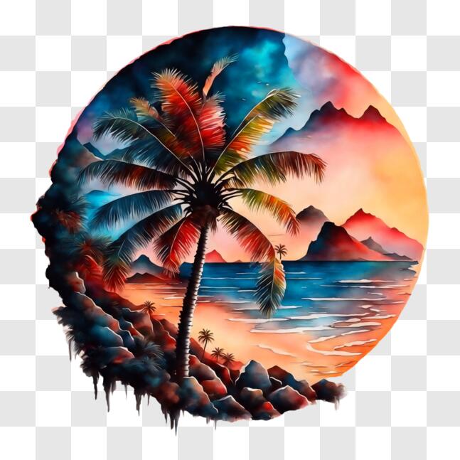 Download Beach Painting with Palm Trees and Mountains PNG Online ...