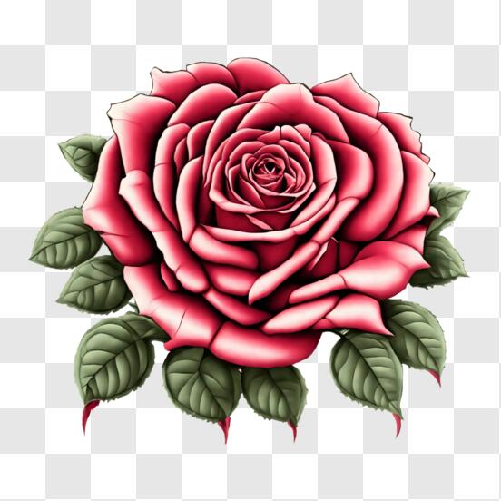 Scarica Bellissima rosa rossa con foglie verdi PNG Online - Creative Fabrica