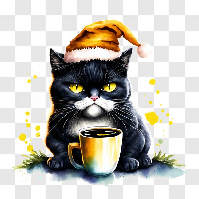 Download Cute Black Cat with Santa Hat PNG Online - Creative Fabrica