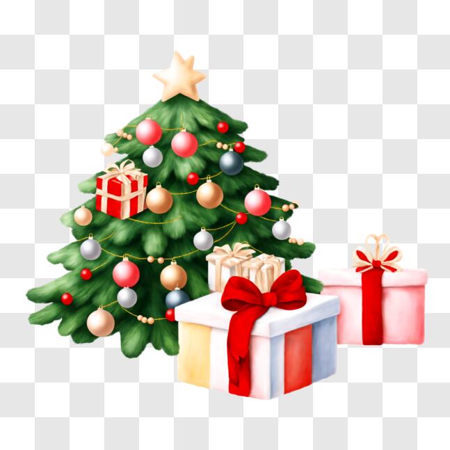 Download Festive Christmas Tree with Gifts and Ornament PNG Online ...