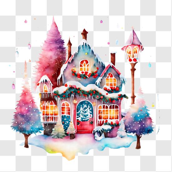 Scarica Bellissime decorazioni natalizie su una casa innevata PNG Online - Creative  Fabrica