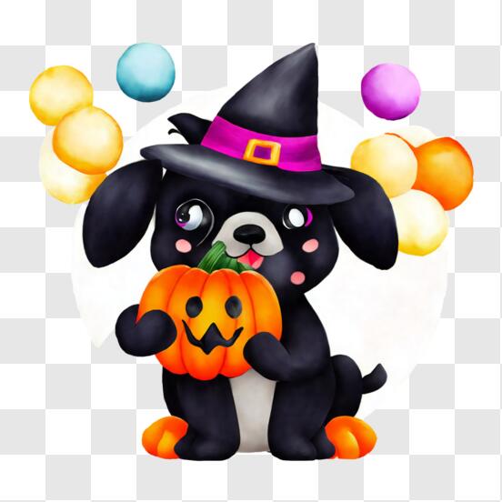 Télécharger Chien Noir Célébrant Halloween avec Chapeau de Sorcière,  Ballons et Citrouilles PNG En Ligne - Creative Fabrica