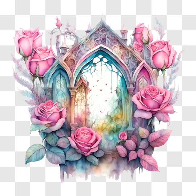 Download Painting of Old Gothic Structure with Pink Roses and Flowers ...