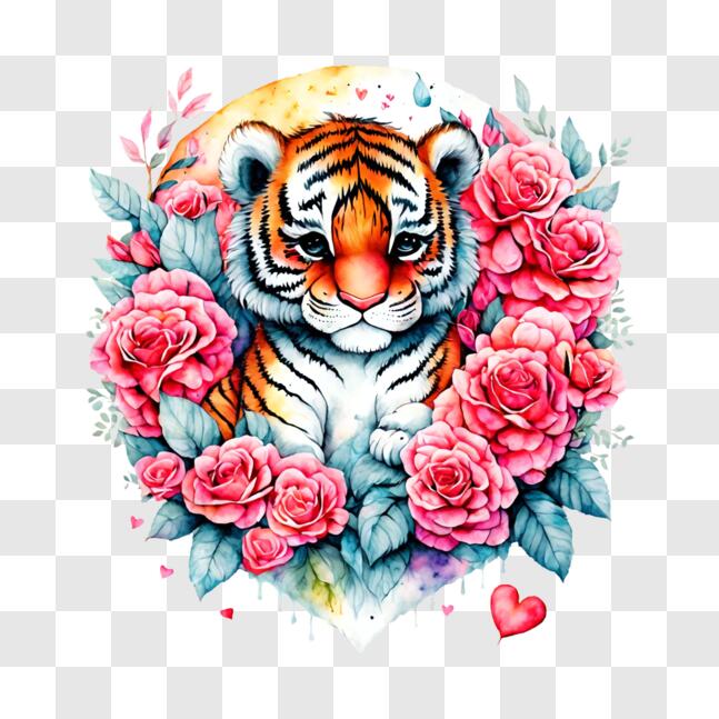 Download Tiger in a Floral Paradise PNG Online - Creative Fabrica