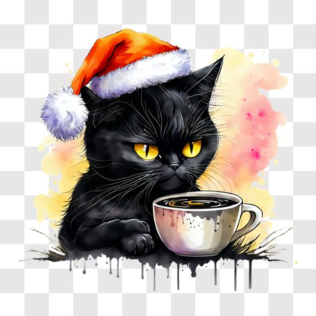 Download Cute Black Cat Celebrating Christmas with a Cup of Coffee PNG ...