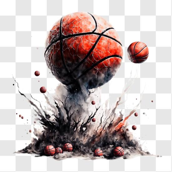 Download Explosion of Basketball Balls on a Dynamic Background PNG