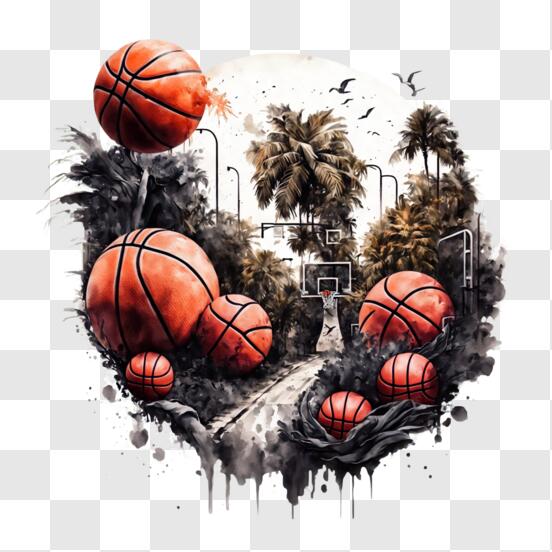 Desenho de quadra de basquete, bola de basquete, laranja, sofá