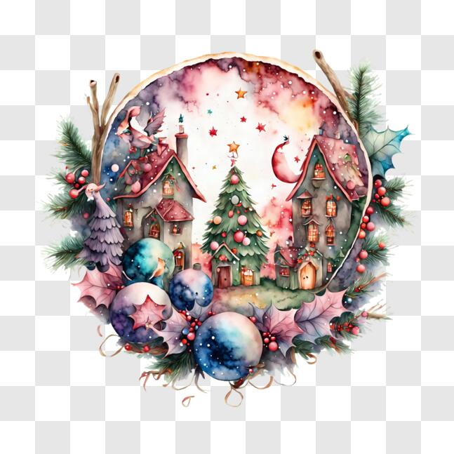 Download Festive Christmas Tree and Village Watercolor Painting PNGs ...
