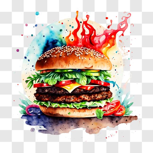 Scarica Immagine di un Hamburger Vibrante e Artistico PNG Online