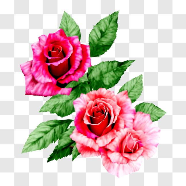 Download Three Pink Roses on Black Background with Green Leaves PNGs ...