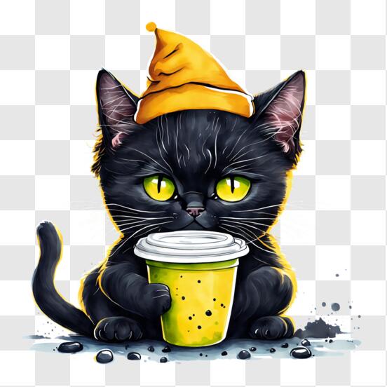 Scarica Gatto nero con cappello arancione che beve da una tazza PNG Online  - Creative Fabrica