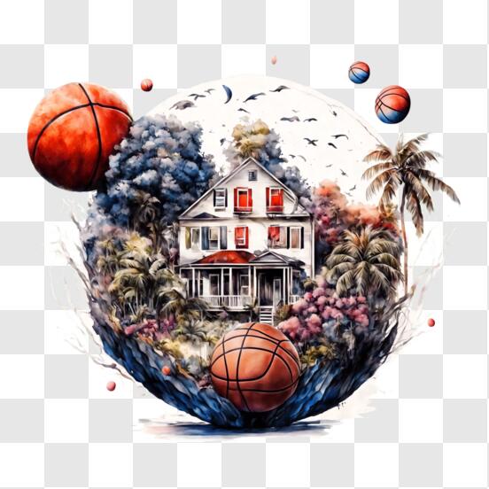 Télécharger Art inspiré du basketball avec maison et ballons PNG