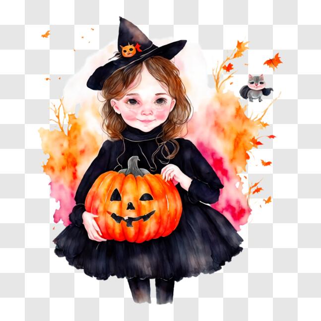 página para colorir fofa para o halloween com uma garota com um chapéu de  bruxa, com uma vassoura na mão, com abóboras e um gato. delinear a  ilustração do vetor. 3566742 Vetor