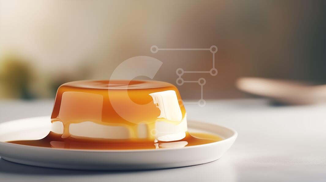 Weißes Dessert mit Karamellsauce Stockfoto | Creative Fabrica