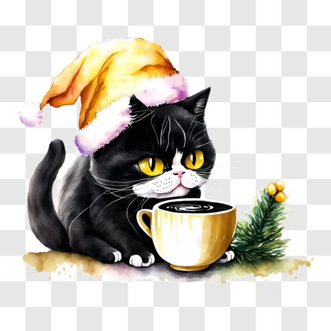 Download Adorable Cat in Santa Claus Hat Enjoying Coffee PNG Online ...