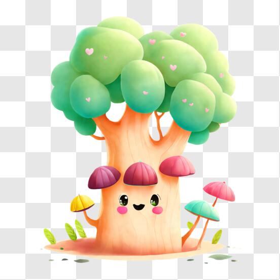 Bunter Cartoon Baum mit lächelndem Gesicht und Pilz PNG online herunterladen  – Creative Fabrica