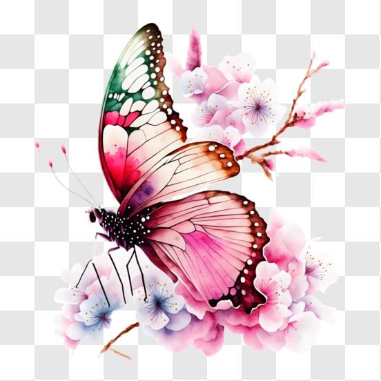 Download Colorful Butterfly on Cherry Blossom Branch PNG Online