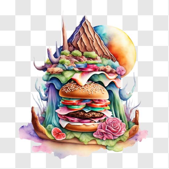 Download Illustration of a Delicious Burger with Scenic Background PNG  Online - Creative Fabrica