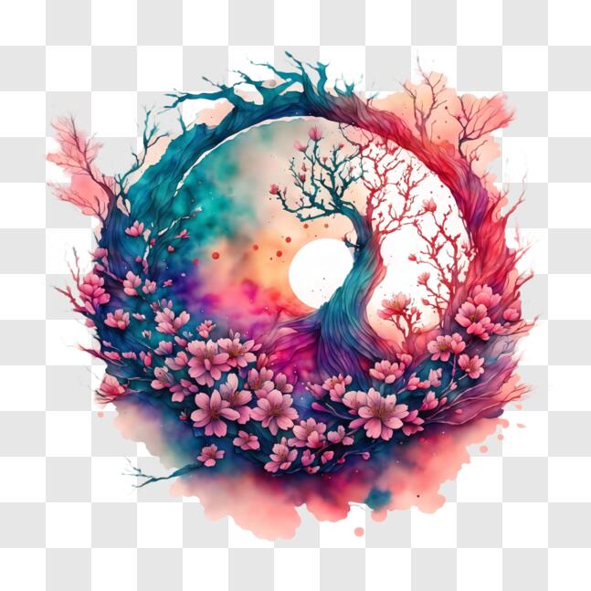 Download Colorful Yin-Yang Symbol with Flowers and Trees PNGs 