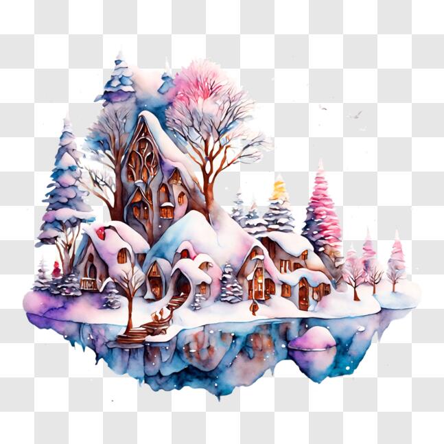 Download Snow-covered Village Watercolor Painting PNGs Online ...