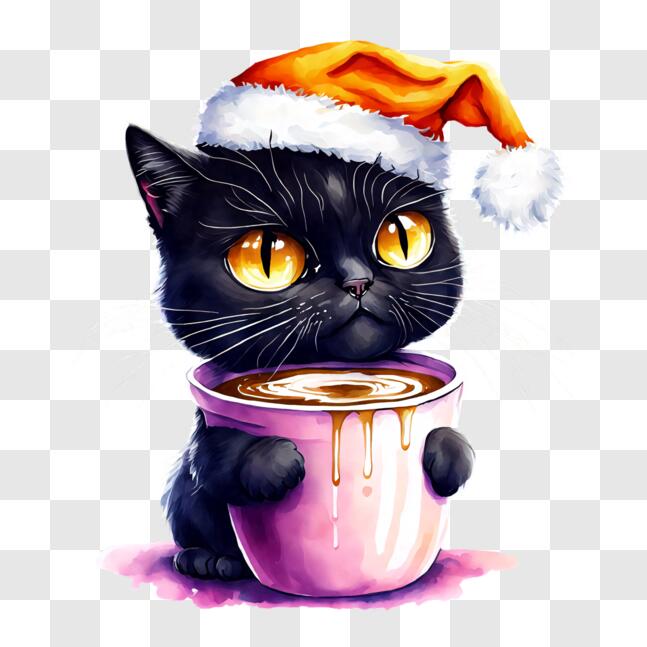 Download Adorable Black Cat Celebrating Christmas with Hot Cocoa PNG ...