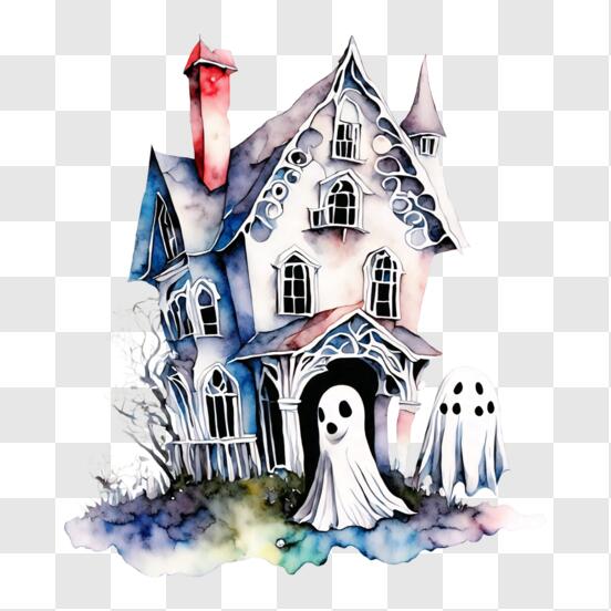 Desenho de casa assustadora com cara assustadora e árvore
