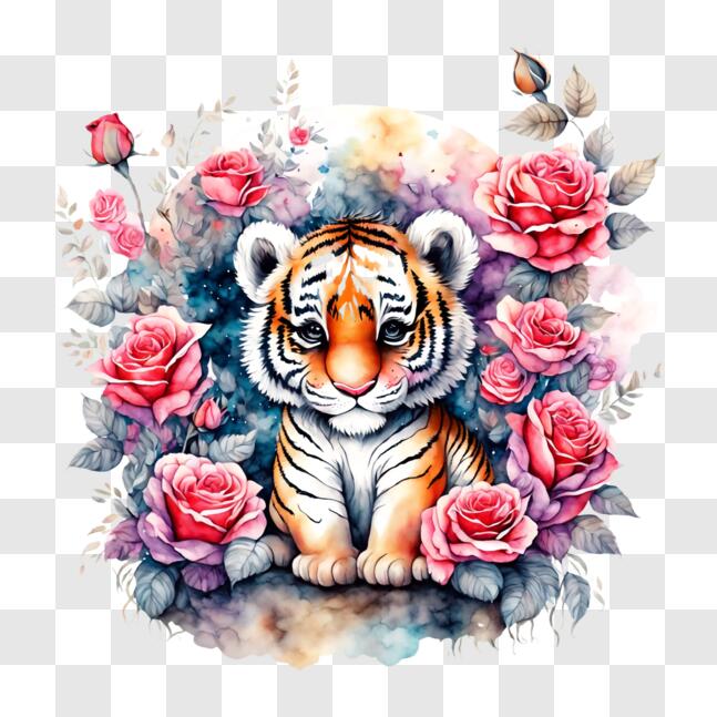 Download Adorable Tiger Cub in a Floral Wonderland PNG Online ...