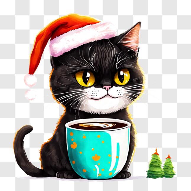 Download Fluffy Black Cat with Santa Hat and Coffee PNG Online ...