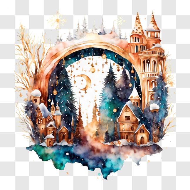 Download Idyllic Winter Village Watercolor Painting PNGs Online ...