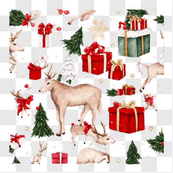Motif de Noël avec des rennes, des cadeaux et des arbres PNG