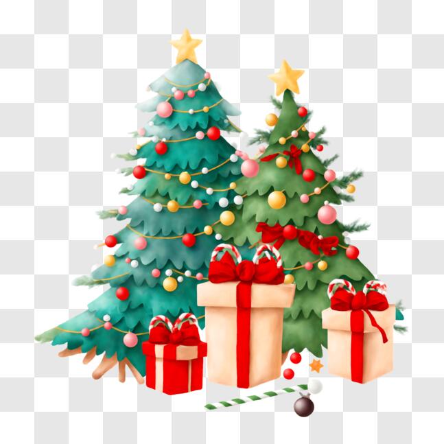 Download Festive Christmas Tree with Gifts and Candy Cane PNG Online ...