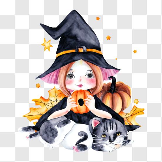 Ilustração no rosto de uma menina vestida de bruxa estilo anime kawaii  criada por ai