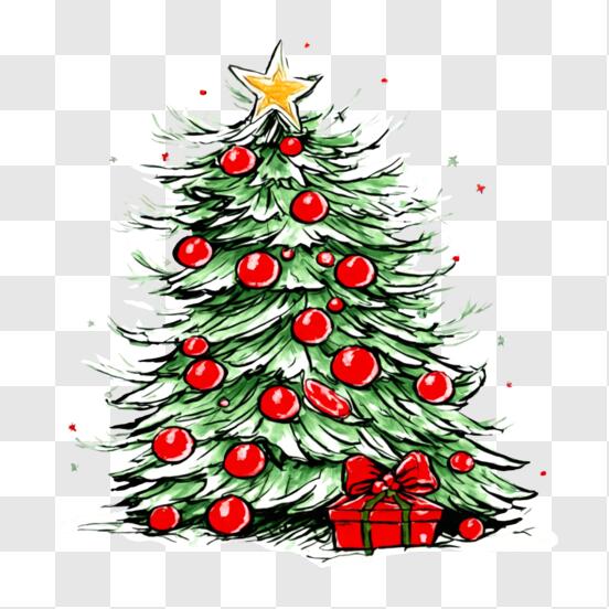Scarica Festivo albero di Natale disegnato a mano con ornamenti e scatola  regalo PNG Online - Creative Fabrica