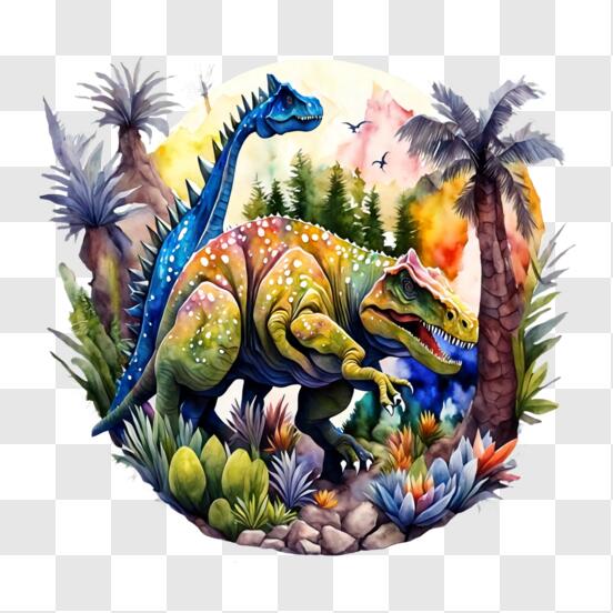 Pintura Colorida de Dinossauros na Selva