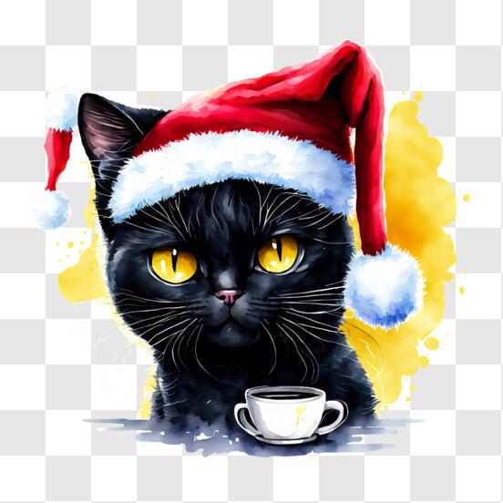Scarica Gatto Nero Curioso con Cappello di Babbo Natale PNG Online